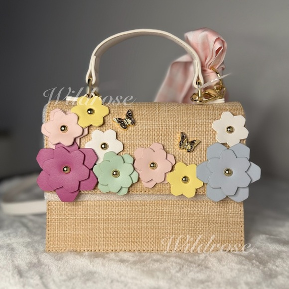 Betsey Johnson spring Floral flowers butterfly pink gingham bow satchel bag - Picture 3 of 11